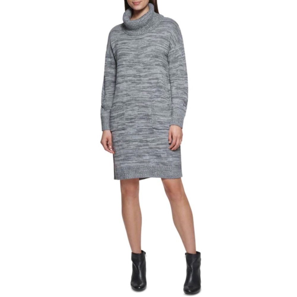 Eliza J Gray Marled Ribbed Knit Long Sleeve Cowl Neck Sweater Dress Size Large